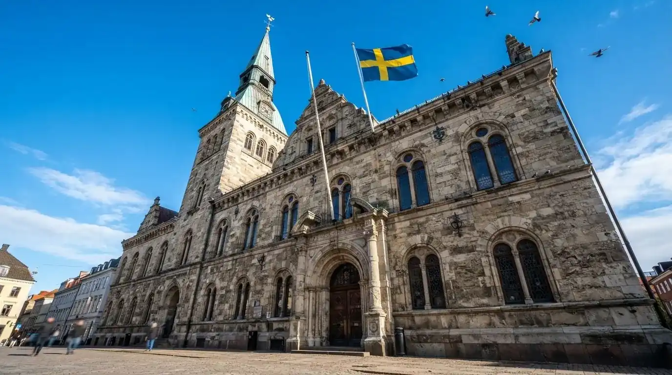 Ett gammalt stadshus i sten fotograferat underifrån mot en klarblå himmel, med den svenska flaggan som fladdrar ovanför entrén.